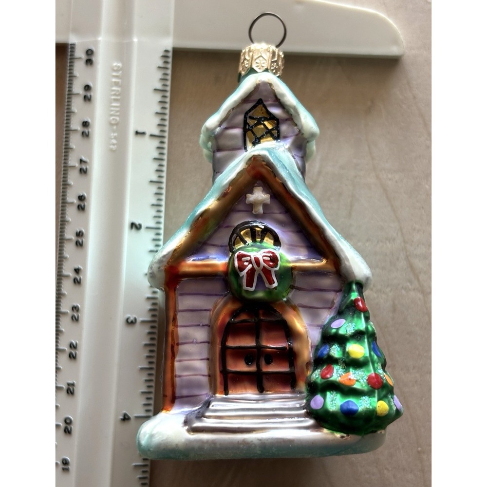 Vintage Christopher Radko Ornament Winter Worship Church Stained Glass 1999